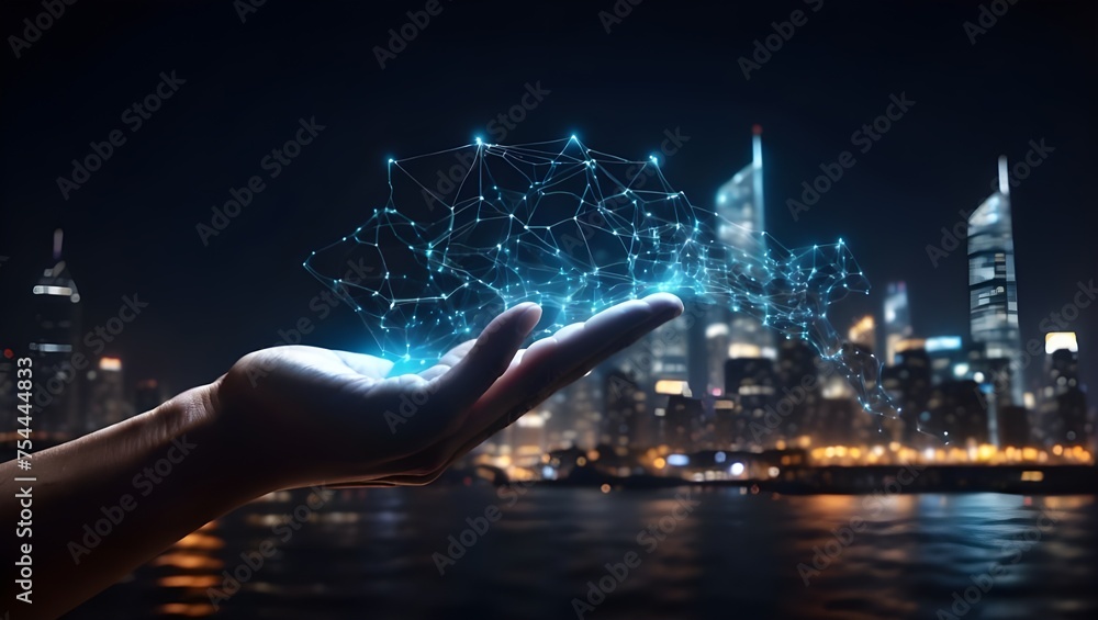 Poster grasping the future: a hand holds a holographic display of a digital network, symbolizing the integr
