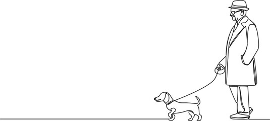 continuous single line drawing of elderly man walking his wiener dog, line art vector illustration