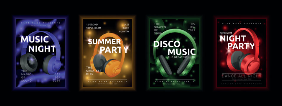 Party flyer. Club music poster. Concert holiday night. Multimedia headphones. Techno musical performance advertising. Dance nightclub. Fashion event invitation. Vector garish DJ banners design set