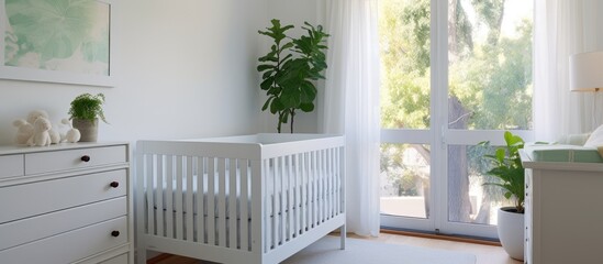 A small contemporary bedroom features a comfortable white crib and dresser placed against a bright window. The room is designed to provide a cozy and functional space for a babys needs.