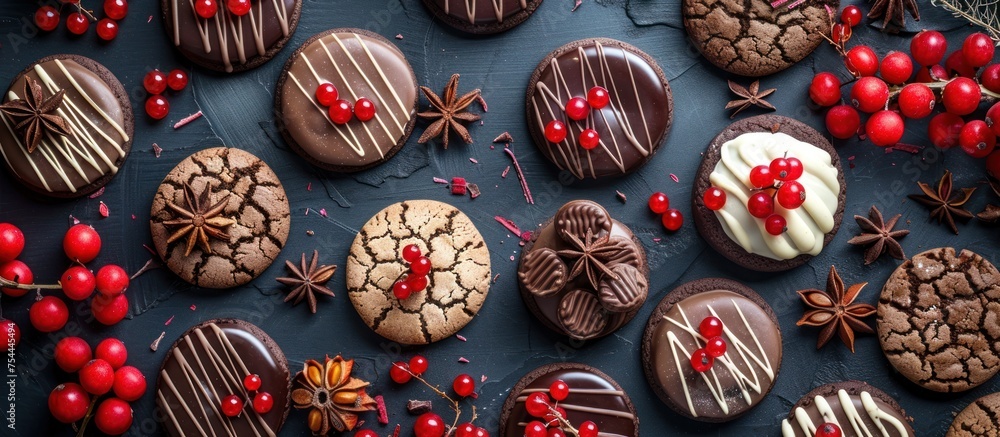 Poster a dark table displays numerous cookies generously smothered in colorful frosting, creating a visuall