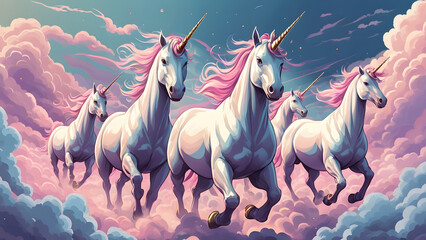 unicorns riding fiercely through clouds at twilight