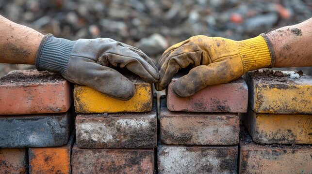 Close up of construction hands in gloves on a background of bricks. Building, teamwork, partnership.