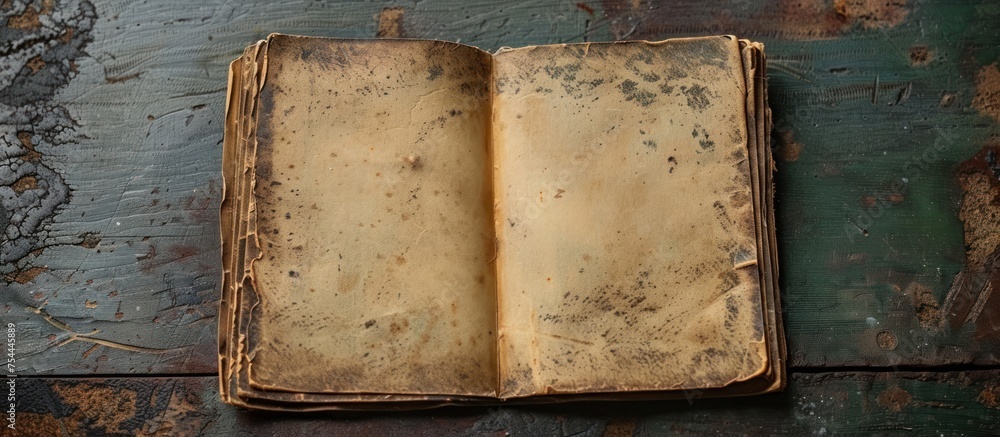 Poster an open book with blank pages resting on a wooden table surface.