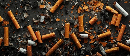 Numerous cigarettes scattered across a table, depicting excess and addiction. - obrazy, fototapety, plakaty