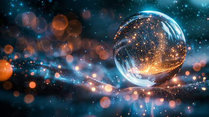 A crystal orb with a golden light core, floating in space, surrounded by a blue glow, horoscope and magic concept