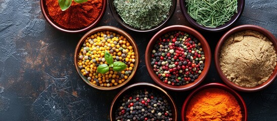 Several bowls filled with an assortment of different types of spices, showcasing a range of colors and textures.