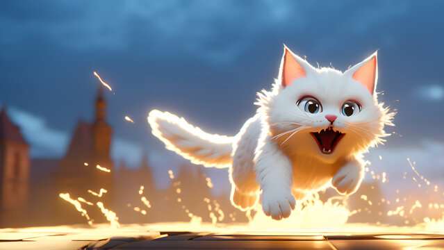 painting of a white cat jumping into a puddle of water through sunlight