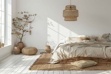 A white bedroom with a minimalist approach, featuring organic materials