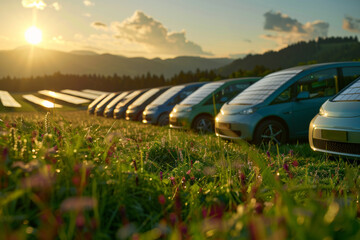 solar panels in a field with several electric vehicles standing in the background. green grass, bright sun.
