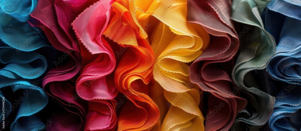 Poster close-up view of a collection of various vibrant colors of fabric swatches showcasing a range of hue