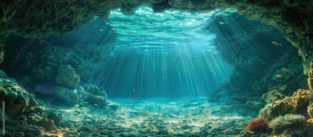 Poster a underwater cave with sunlight shining through the water, creating a mesmerizing effect in the dept