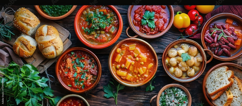 Poster a table displays bowls filled with various types of food, creating a diverse spread for a meal or ev