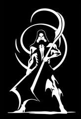 Black graphic silhouette of the reaper of death, badge, logo, tattoo