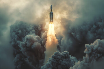An engineering event in the sky as a rocket with smoke flies through the cloudfilled atmosphere, leaving a trail of pollution and heat behind - obrazy, fototapety, plakaty