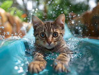 Cat swimming inside blue waterslide.
