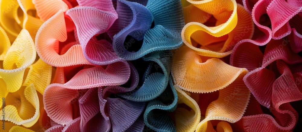 Poster a close up view of a bunch of different colored ribbons with a variety of vibrant hues and textures,