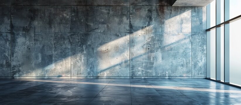 The image depicts an empty room with a concrete wall and floor, illuminated by natural light streaming in through large windows.