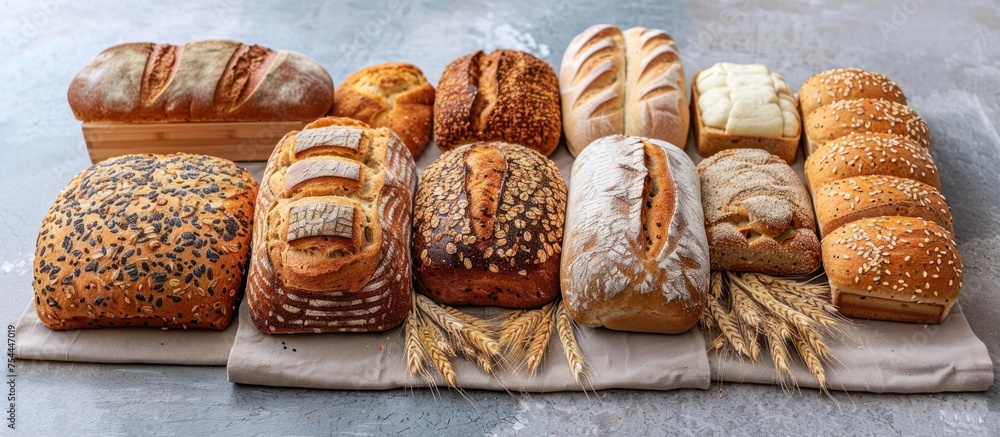 Poster various types of multigrain rustic bread displayed on a table, showcasing their textures and shapes.