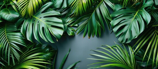 Fototapeta na wymiar Group of vibrant green palm leaves arranged neatly on a dark black surface, creating a striking contrast.