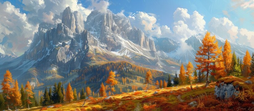 A painting featuring a majestic mountain range with dense trees and fluffy clouds in the sky.