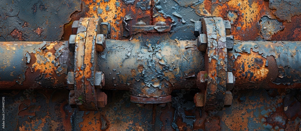 Poster a close-up view of a metal pipe covered in rust and corrosion. the rust has formed patches and strea
