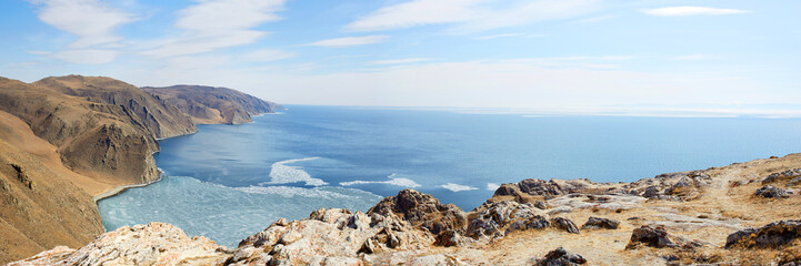 Panorama of Lake Baikal in spring, at the time of melting ice 