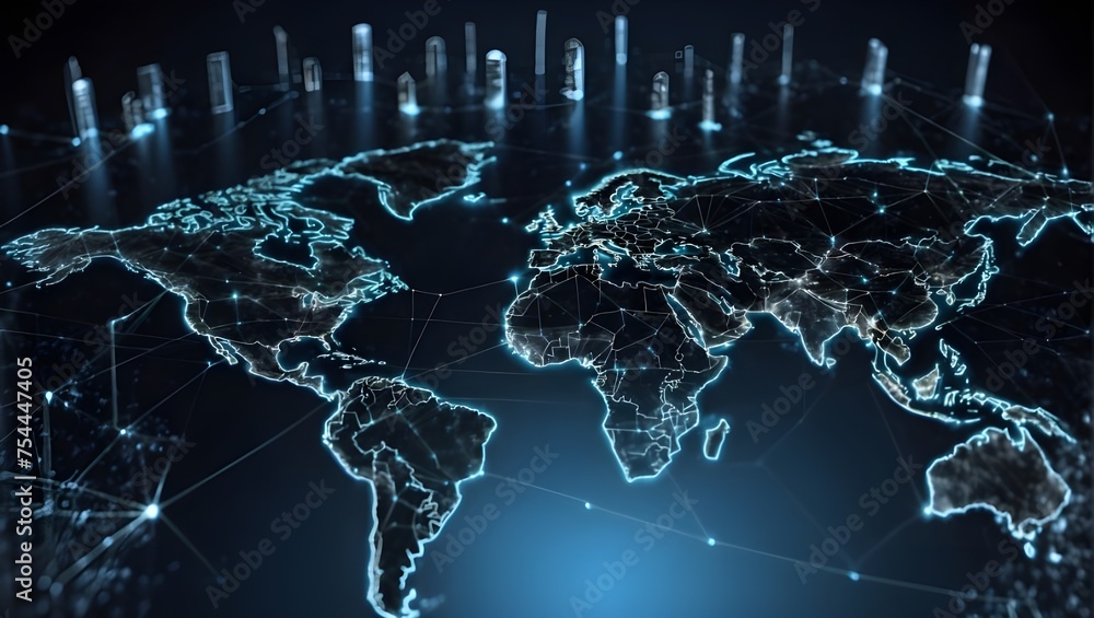Poster futuristic representation of global connectivity: an illuminated 3d model of earth’s map showcasing 