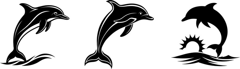 3 sets of dolphin jumping black silhouette vector illustration on a Transparent Background © Multi-Media