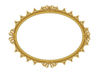 Gold oval frame. Realistic isolated element. Museum picture or photo border. Mirror decoration. Luxury decorative corner. Portrait framework. Vintage retro elegant style, shiny metal. Vector object