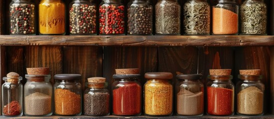 An assortment of various spices neatly arranged on a shelf, showcasing a wide range of flavors and colors.