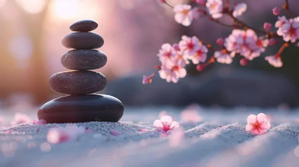 Papier Peint photo Lavable Pierres dans le sable Spring's serene minimalism Japanese Zen garden, with white sand, smooth stones, and sakura, embodying mindfulness in the morning