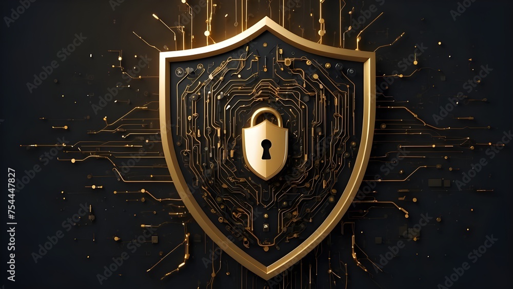 Aufkleber guarding the digital frontier: a golden shield symbolizing robust cybersecurity and data protection 