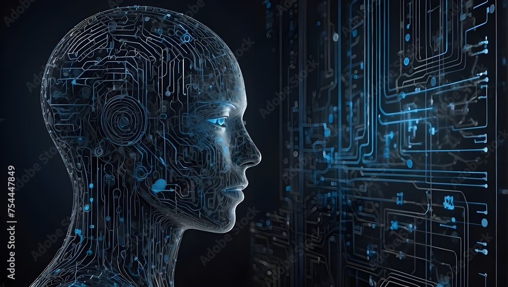 Poster exploring the digital mind: an artistic representation of a human head, intricately designed with ci