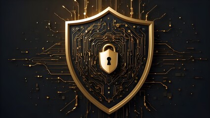 Fototapeta premium Guarding the Digital Frontier: A Golden Shield Symbolizing Robust Cybersecurity and Data Protection in the Age of Technological Innovation, generative AI