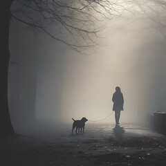 A person walking a dog on a foggy morning.