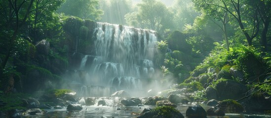 A powerful waterfall cascading down rocks in the middle of a dense, vibrant green forest. - obrazy, fototapety, plakaty
