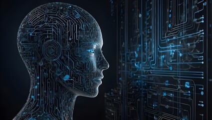 Exploring the Digital Mind: An Artistic Representation of a Human Head, Intricately Designed with Circuitry, Symbolizing the Intersection of Humanity and Technology, generative AI