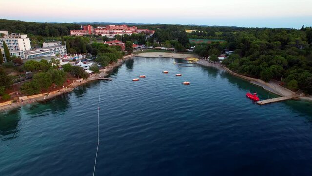 Porec - Croatia - rising overflight from the bay over the hotel complex with a fantastic view