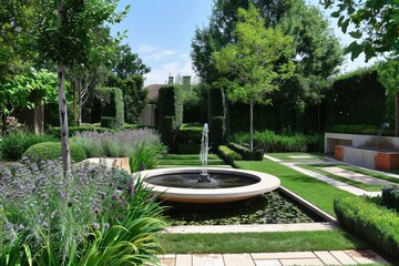 A beautiful garden with a fountain in the center. The fountain is surrounded by bushes and flowers, creating a serene and peaceful atmosphere
