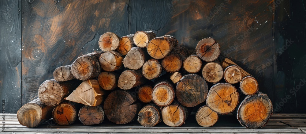 Poster a pile of logs is arranged in a neat stack on top of a wooden floor, creating a rustic and functiona