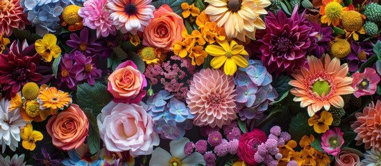 A bunch of flowers, each a different color, arranged together.