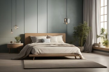 Experience Serenity: A Modern, Minimalist Bedroom with Elegant Decor, Cozy Furniture, and a Touch of Nature Illuminated by Warm, Inviting Lighting, generative AI