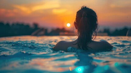 A woman is swimming in a pool with the sun setting in the background. - obrazy, fototapety, plakaty
