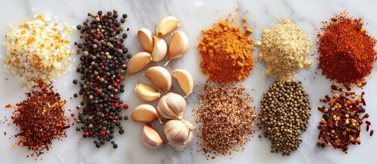 Various types of spices such as paprika, cumin, turmeric, thyme, and oregano spread out on a wooden table.