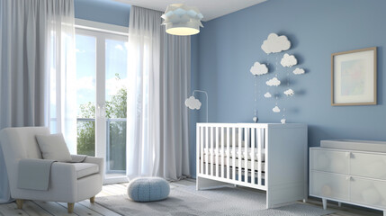 A warm and minimalist welcoming blue nursery designed for baby, newborn bedroom - obrazy, fototapety, plakaty
