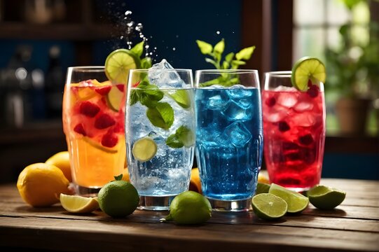 Summer Refreshment: A Colorful Array of Fruit Cocktails Splashing with Vibrancy, Inviting You to a Cool and Refreshing Experience, generative AI