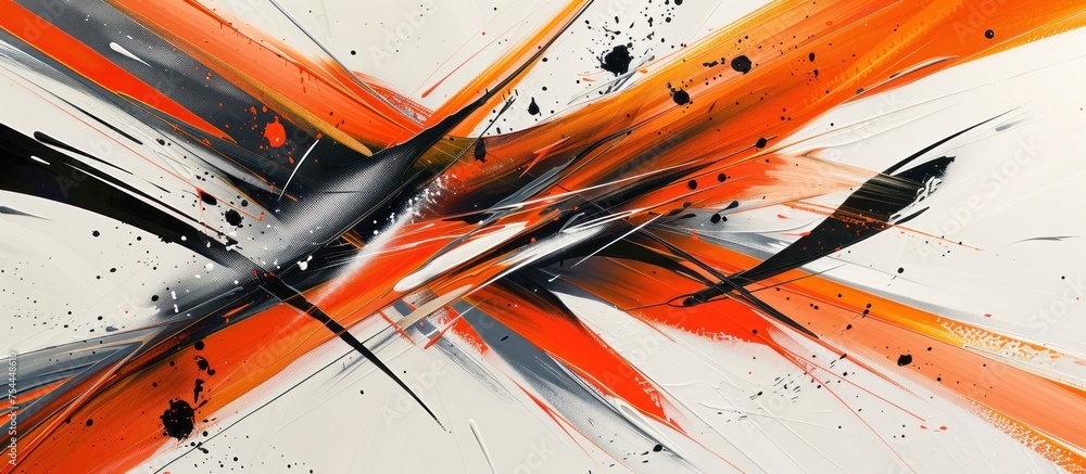 Poster bold orange and black lines intersect and overlap in a vibrant abstract painting.