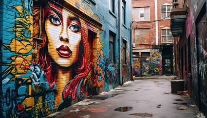 Fototapete Rund A narrow alleyway in a bustling city is filled with colorful graffiti painted on the walls. The urban landscape is brought to life by the vibrant street art adorning the alleys surfaces © Anna