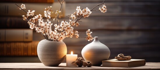 Two vases are placed on a wooden table, creating a tranquil decoration. The vases are of different shapes and sizes, adding variety to the simple yet elegant setup.